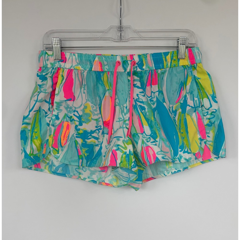 Lilly Pulitzer Ocean Print Board Shorts Blue Pink Yellow Drawstring Small